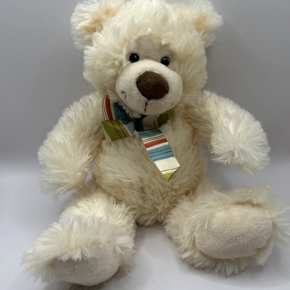 The Petting Zoo Teddy Bear Plush – Cream Stuffed Animal – Striped Ribbon – 12"